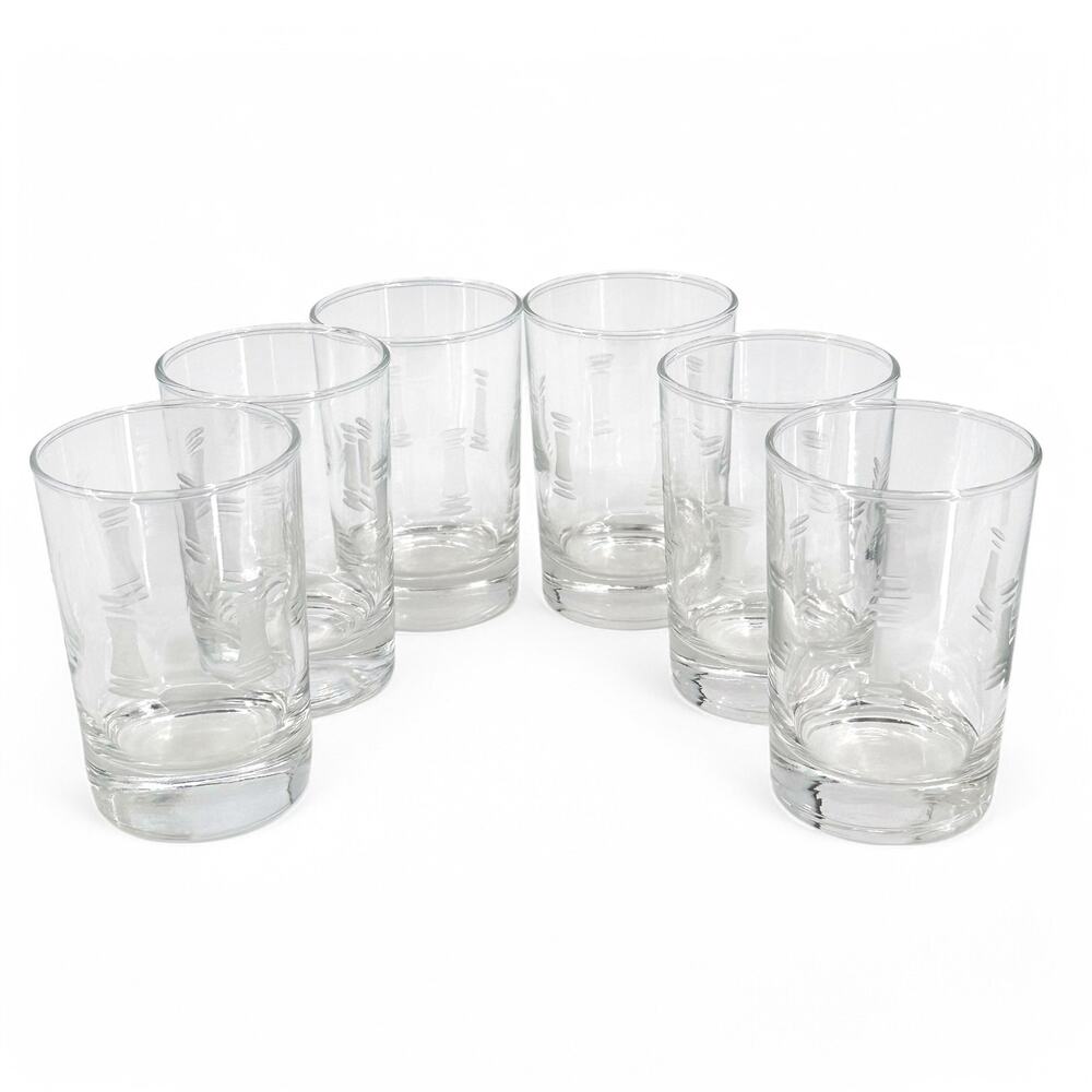 Libbey Juice Glasses Cut Etched Hourglass MCM Vintage Lot of 6
